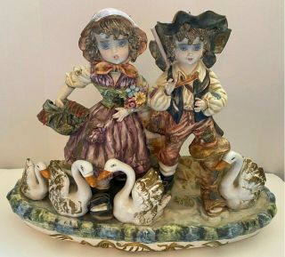 Large Vintage Capodimonte Porcelain Figurine,  Children With Swans,  Italy