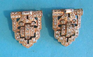 Vintage 1950s Art Deco Clear Rhinestone Shoe Clips - Gold Toned Metal