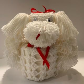 Vintage Toilet Paper Cover Crochet White Handmade Dog Poodle Red Bow