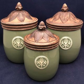 Fitz And Floyd Giardino Green Acorn Canister Set Of 3 With Lids Made In China
