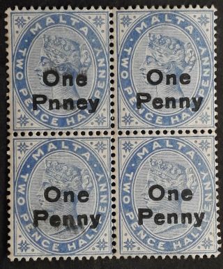 Rare 1902 - Malta Block Of 1d Surch On 2 1/2d Qv Stamps Pnney Error
