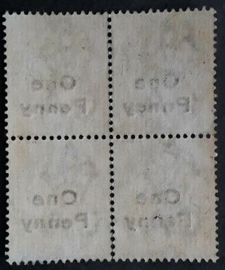 RARE 1902 - Malta block of 1d surch on 2 1/2d QV stamps PNNEY ERROR 3