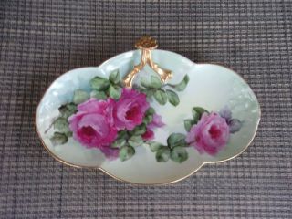 Antique Wm.  Guerin Limoges Hand Painted Roses Tray W/ Gold Blossom Handle