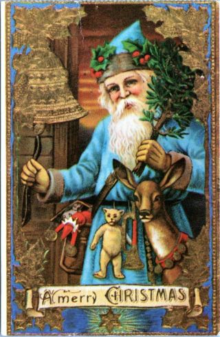Santa Claus In Blue Robe With Antique Toys Vintage Santa Postcard Mb