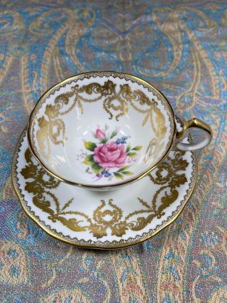 Vintage Aynsley Gold And White Teacup & Saucer Large Pink Cabbage Rose