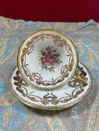 VINTAGE AYNSLEY GOLD AND WHITE TEACUP & SAUCER LARGE PINK CABBAGE ROSE 3