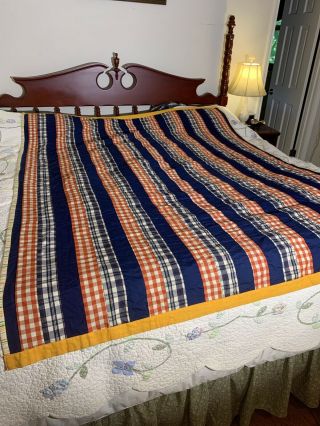 Vintage Cotton Striped Red Blue Quilt Machine Stitched 80” By 63” Reversible