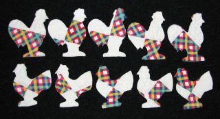 10 Primitive Antique Cutter Quilt Chickens Red Blue Yellow Green White