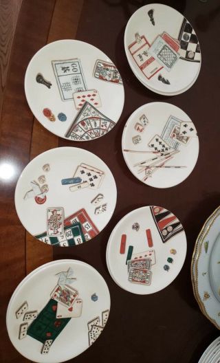 " Jeux " By Faiencerie De Gien Set Of 6 Plates; Cards,  Dice,  Dominos,