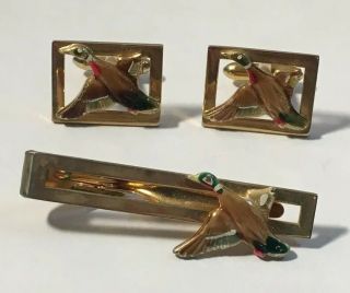 Vintage Swank Cuff Link Tie Clasp Clip Set Pheasant Gold Tone Enamel F844