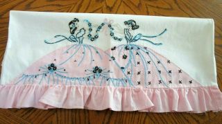 Vintage Cotton Pillowcase,  Hand Embroidered Applique Southern Belles,  Ruffle