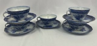 Antique Henry Alcock Touraine Flow Blue Coffee Tea Cup & Saucer Set 5