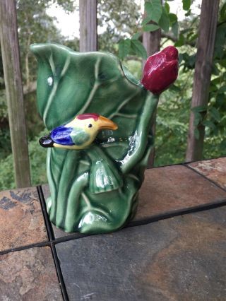Vintage Art Nouveau Pottery Vase Jungle Flower Toucan One Of A Kind 6/4 ❤️j8