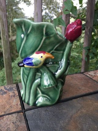 Vintage ART NOUVEAU Pottery Vase Jungle Flower TOUCAN One of a Kind 6/4 ❤️j8 3