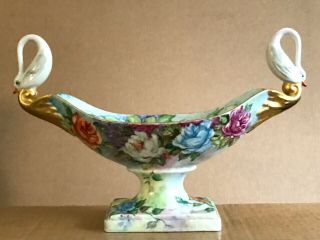 Antique Porcelain Germany Hand Painted Roses & Bird Swans Dish Punch Bowl Server
