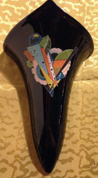 Roseville Potter Black Glossy Wall Pocket Vase Art Deco Decal 9 In.  Long
