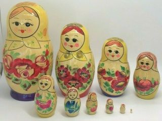 10 Piece Set Of Russian Wooden Hand Painted Matryoshka Nesting Doll