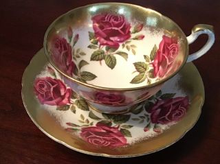 Vintage Paragon Red Cabbage Rose W Gold Trim Wide Rim Tea Cup & Saucer England