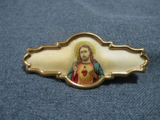 Antique Our Sacred Heart Of Jesus Celluloid & Metal Ribbon Holder Pin Brooch