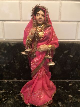 Vintage Indian 10 " Doll With Pink Dress 7.  5’’