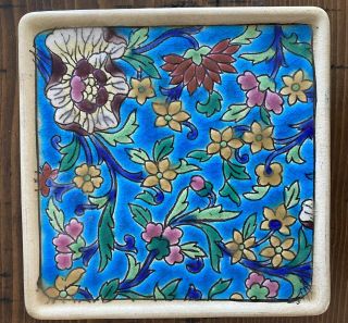 Emaux De Longwy Trivet Tile Footed Blue Floral Antique Vintage Square