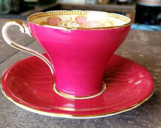 Vintage Aynsley Fushia Pink Corset Teacup & Saucer Rare Inside Rose Design C1201