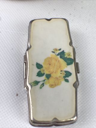 Vintage Pill Box With Yellow Roses With Three Compartments
