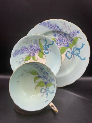 Paragon China Blue Lilac Trio Set - Plate - Cup - Saucer - Blue Bow/ribbon 9