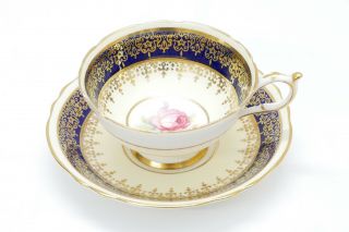 Paragon Cobalt Blue Tea Cup & Saucer Pink Cabbage Rose Bouquet Heavy Gold Lace