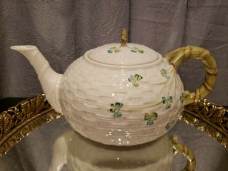 Vintage Belleek Irish Porcelain Basketweave Shamrock Large 5x10 Tea Pot 5th Mark