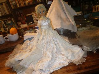 Vintage Plastic Bride In Wedding Dress And Veil 14 " Doll & Dress