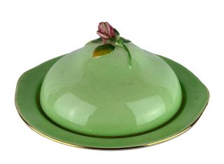 Antique Vintage Royal Winton Grimwades Green Gold Rosebud Covered Bowl Rare Find 2