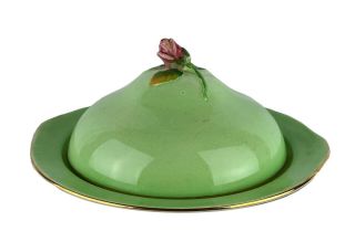 Antique Vintage Royal Winton Grimwades Green Gold Rosebud Covered Bowl Rare Find 3