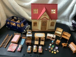 Sylvanian Family Red Roof Cosy Cottage & 7 Seater Bus With Accessories “vgc”