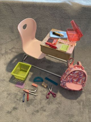 Our Generation Doll Accessories School Desk With Bag,  Pens,  Book Etc - Pink (41a
