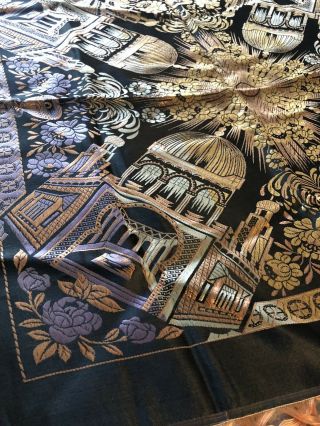 Vintage 1940s Taj Mahal Brocade Piano Shawl Tablecloth Scarf Silk Fringed