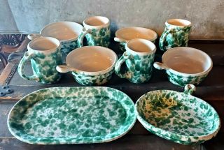 Huge Rare 10 Pc Set Bennington Potters Pottery Green Agate Splatter Ware Vermont