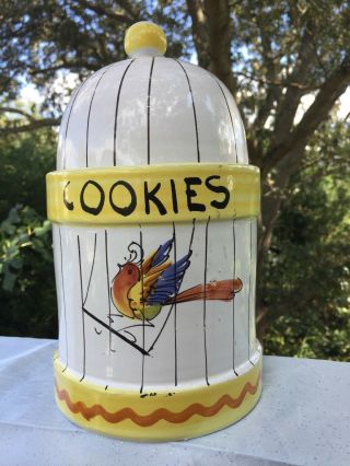 Deruta Italy Italian Pottery BIRD n CAGE Biscotti Cookie Jar Canister & Lid ❤️j8 2