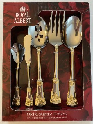 Royal Albert Old Country Roses 5 Piece Stainless Steel Hostess Set Gold Accents