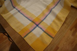 Antique Tablecloth Stripes - Plaid - Vintage Linen,  Blue Yellow Pink Stripe,  48 X 48