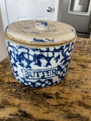 Antique Stoneware Blue White Spongeware Butter Keeper Crock