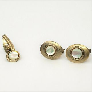 Vintage Cufflinks Mother Of Pearl Oval Gold Tone Tie Tack Pin Jewelry Set Of 3