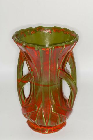 Vintage Mccoy Double Handled Strap Vase Red And Green Usa