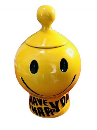 Vintage Mccoy Smiley Face Cookie Jar Usa Pottery Have A Happy Day With Lid