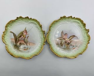 2 Antique Limoges France Plates Fishing Angels Green & Gold M.  Redon 8.  8”