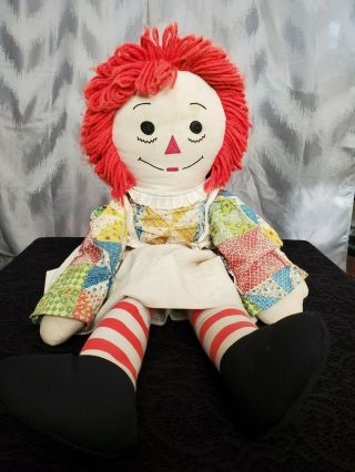 Vintage Raggedy Ann Doll 24 " Tall - Patchwork Dress,  White Apron,  Bloomers