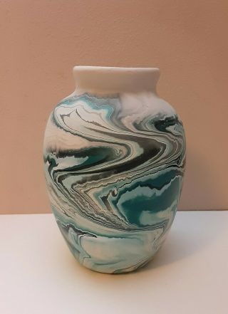 Vintage Nemadji Indian River Pottery Vase Blue Green Teal Swirl 7 " Usa Wow Look