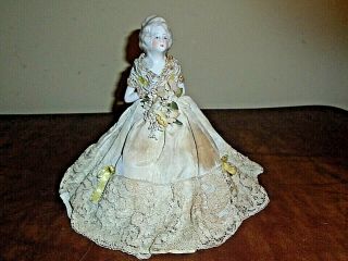 Antique Porcelain Half Doll Arms Away Lace Dress Lampshade Boudoir Lamp Germany?