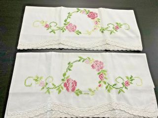Gorgeous Vtg Linen White Embroidered Pink Floral Lace Trim Pillowcase Pair (2)