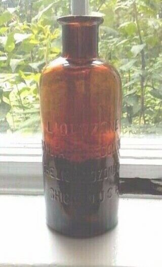 Antique Liquozone The Liquid Ozone Co Amber Glass Bottle Embossed 5 3/4 Inch